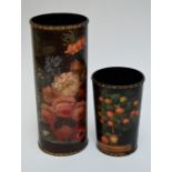 A cylindrical floral hand painted papier-mâché studded stick stand, diameter 25cm,