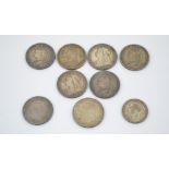 Six Victorian silver crowns, a George V example, a George III coin and another (9).