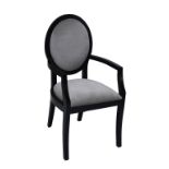 A reproduction ebonised open arm elbow chair.