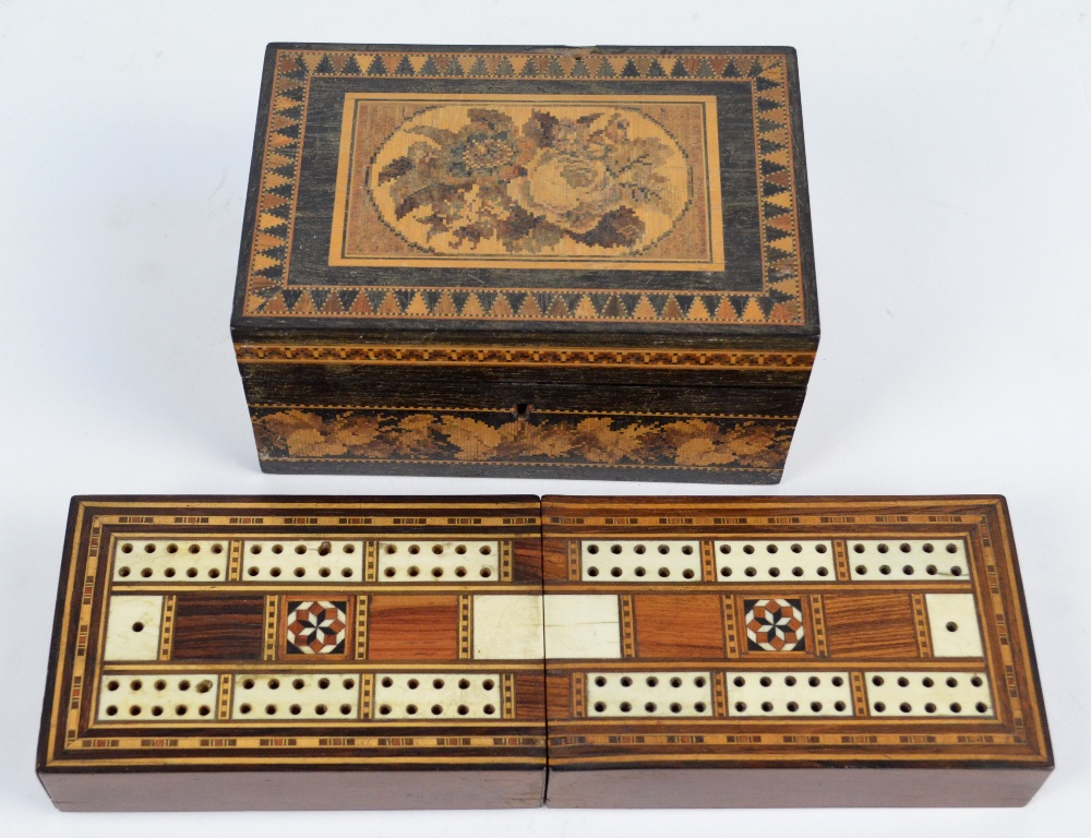 A late 19th century Tunbridge ware inlaid jewellery box with floral decoration to the lid and