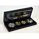 A cased 2009 silver proof piedfort four coin set comprising £5, 2x £2 and 50p,