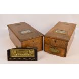 Two oak Gledhill's patent cash tills, containing rollers with hinged top and lower drawer,