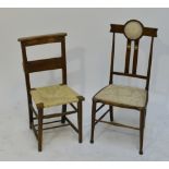 An Edwardian Art Nouveau style bedroom chair with upholstered seat and back above mother of pearl