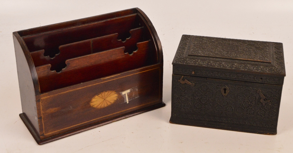 A carved Anglo Indian box, and an Edwardian mahogany inlaid letter rack.