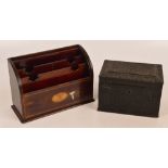 A carved Anglo Indian box, and an Edwardian mahogany inlaid letter rack.