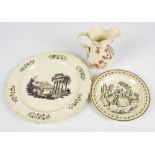 An 18th century Leeds Creamware decorative plate depicting men reclining in a classical scene,