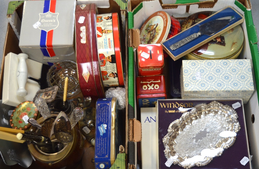 A collectors' lot to include various tins, flatware, salad servers with cut glass handles,