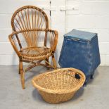 A blue painted Lloyd Loom style linen basket,