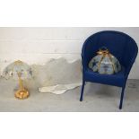 A shaped marble top for a wash stand or sideboard, width 91cm, a blue Lloyd Loom style tub chair,