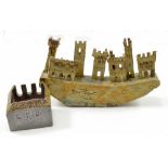 ADAM DWORSKI (1917-2011); a stoneware sculpture of a boat surmounted by castellated buildings,