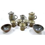 LEACH POTTERY; a stoneware coffee set comprising coffee pot, water jug, five mugs,