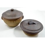 LEACH POTTERY; two stoneware casseroles, grey/green glaze, toasted unglazed lids and exteriors,