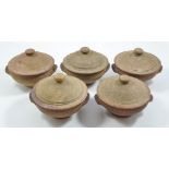 LEACH POTTERY; five stoneware lidded soup bowls, blue/grey, olive green and khaki glazes,