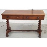 A Victorian mahogany two-drawer console table with turned bulbous supports and conjoining stretcher,