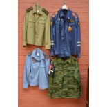 Three Russian military shirts, with pair of trousers and a lightweight camo jacket and trousers.