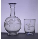 JAMES POWELL WHITEFRIARS; a water bottle and tumbler engraved by Hillebauer,