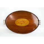 An Edwardian oval mahogany conch seashell inlaid tray with twin handles, width 59cm.