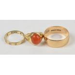 A 9ct plain D-shaped wedding band, a 9ct gold ring set with carnelian cabochon,