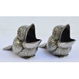 A pair of novelty silver plated toothpick holders modelled as chicks with mouths open.