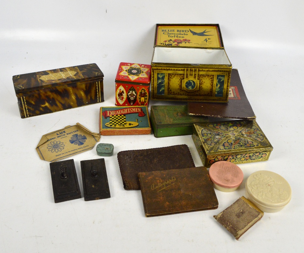 A collection of vintage tins including Bluebird Chocolate Toffee and collectors' items including a