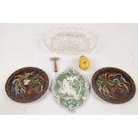 A small group of items including a green jasperware oval plaque depicting Cupid and Psyche in