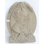 A concrete plaque depicting a bust of Benjamin Disraeli, 49 x 38cm.