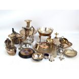 A quantity of electroplated items including a centrepiece, a pair of trumpet vases,