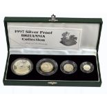 A cased 1997 silver proof Britannia four coin silver proof set, comprising 20p, 50p, £1 and £2,