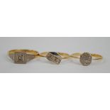 Three 18ct yellow gold rings including a single stone example in illusion square setting and