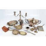 A quantity of plated items including a large soup tureen and ladle, a candelabrum, etc.