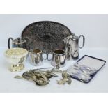 A quantity of silver plated items including a galleried tray, a teapot, twin handled sugar bowl,