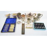 A mixed lot of plated items including three piece tea service, cased set of fish knives and forks,