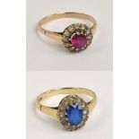 A 9ct yellow gold dress ring, with claw set oval cut blue stone surrounded by white set stones,