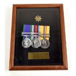 A framed trio of reproduction medals with spurious plaque.