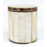 A mother of pearl panelled lidded pot with white metal banding, height 9cm.