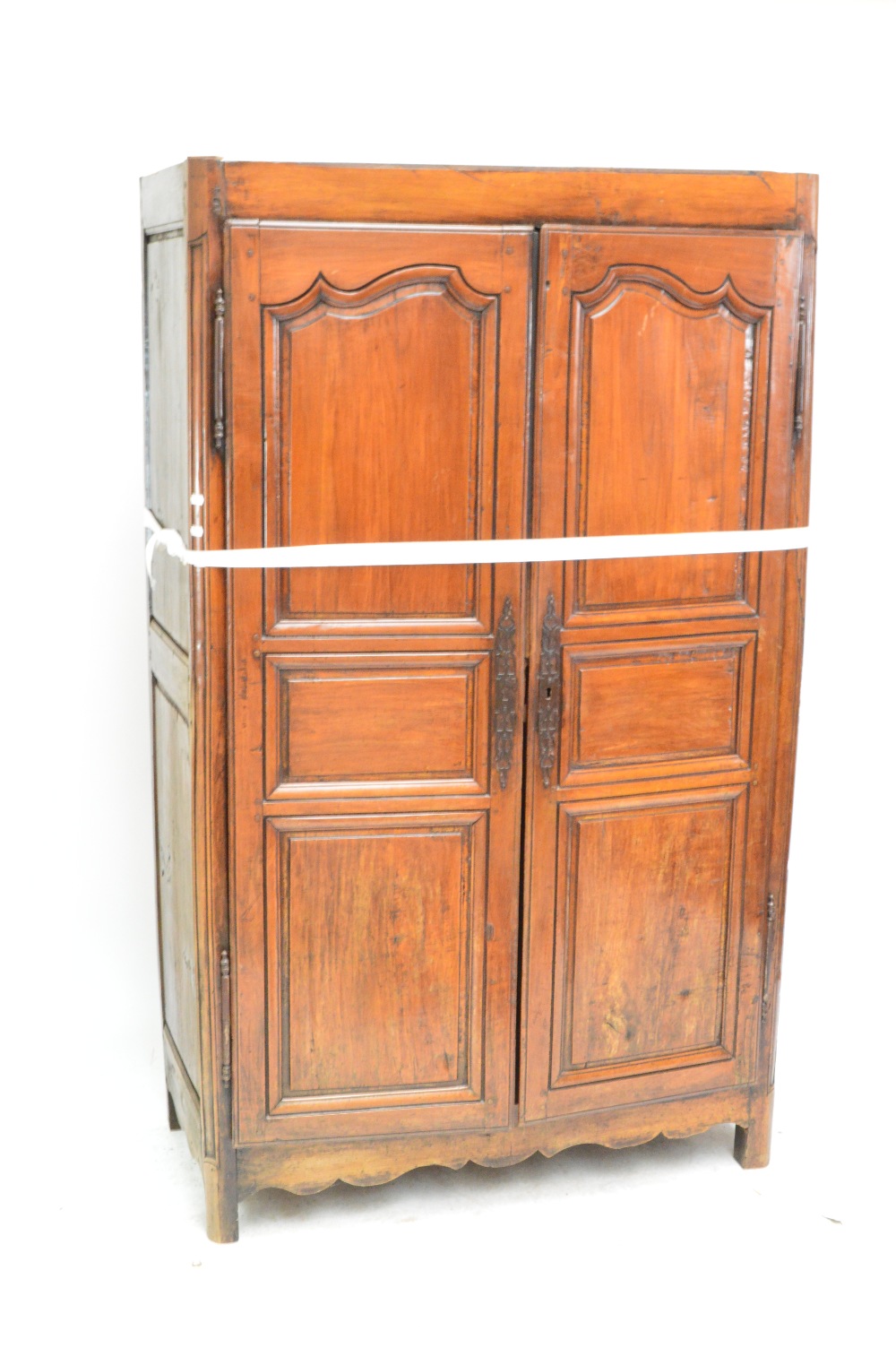 An early 19th century French fruitwood armoire with twin panelled doors.