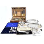 A quantity of plated items including an oak canteen with associated silver plated cutlery set,