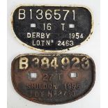 Two cast iron train engine plaques, B384923 27T Shildon 1955,