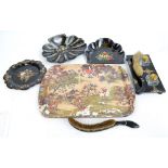 JENNENS & BETTRIDGE; a mother of pearl floral decorated plate, diameter 26cm, a repainted ink stand,
