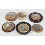 Six 19th century Staffordshire Pratt type pot lids; The Village Wedding (af), On Guard,