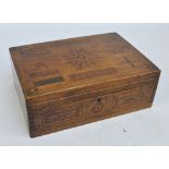 A late 19th century walnut and inlaid work box, the top with flag and compass decoration,