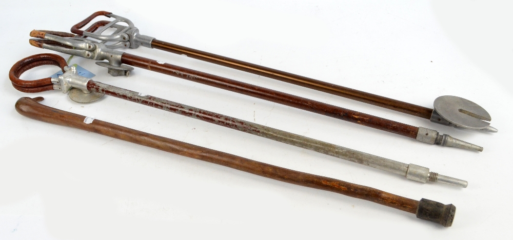 Three leather bound shooting sticks and a further walking stick (4).