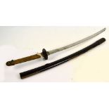 A Japanese katana for restoration, lacking grip, with plain iron tsuba, length of blade 62cm,