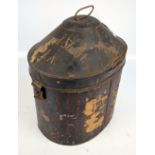 A military Indian Army oval tin hat box with domed hinged lid inscribed 'JI Crauford-Stuart I.A.