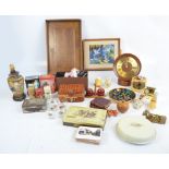 A mixed lot including oak tray, various tins, doll's picnic set, and numerous sundry items.