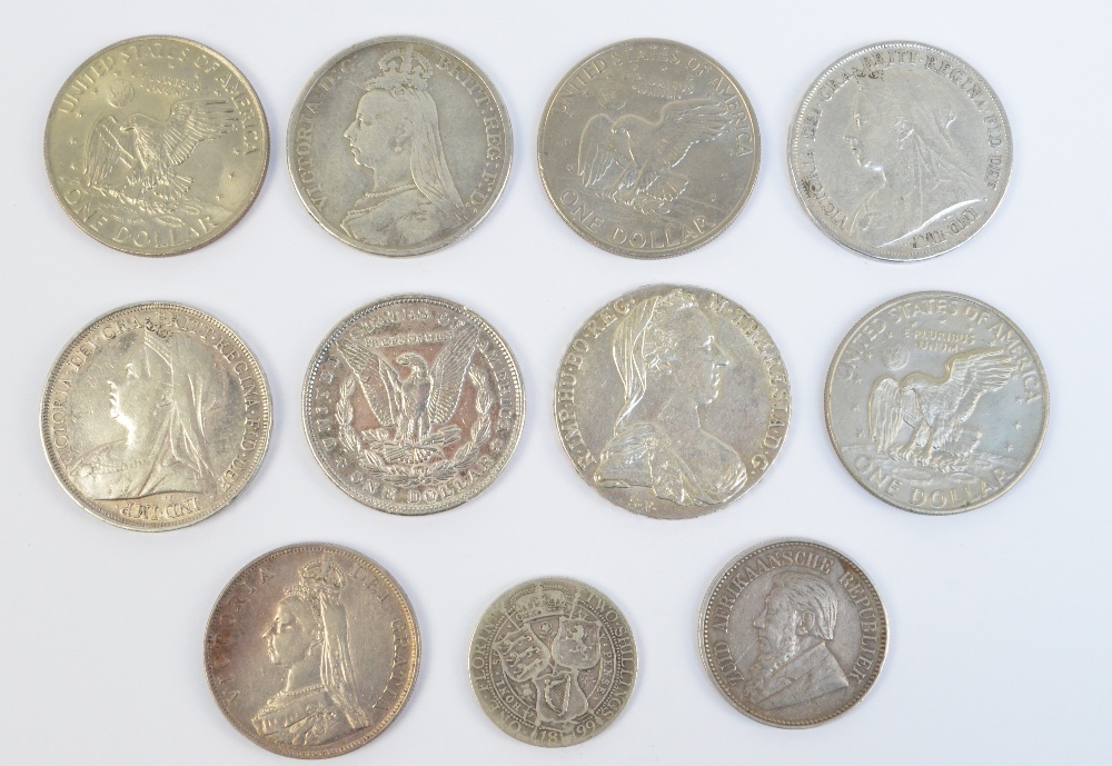 A mixed quantity of coins including three Victorian crowns, a Victorian half crown,