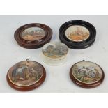 Five 19th century Staffordshire Pratt type pot lids; Country Quarters, Landing the Catch,