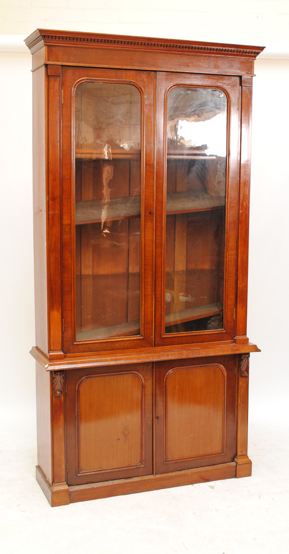 A mahogany bookcase on cupboard with dentil and moulded cornice above pair of glazed door,