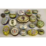 A collection of various enamel trinket boxes, including Crummles & Co, and a Halcyon Days pill box,