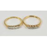 An 18ct yellow gold five stone diamond ring, size K, and a further similar example, size L,